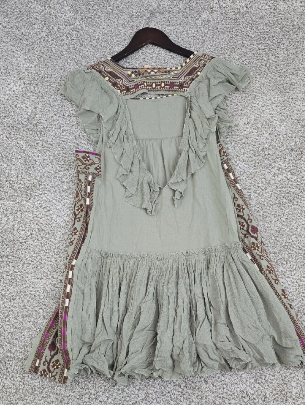 Free People Olive Green Embroidered Square-Yoke Midi Dress with Multicolor Trim